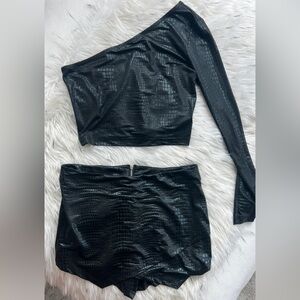 Black Crocodile Print Two-Piece Set One shoulder top and skort wrap front